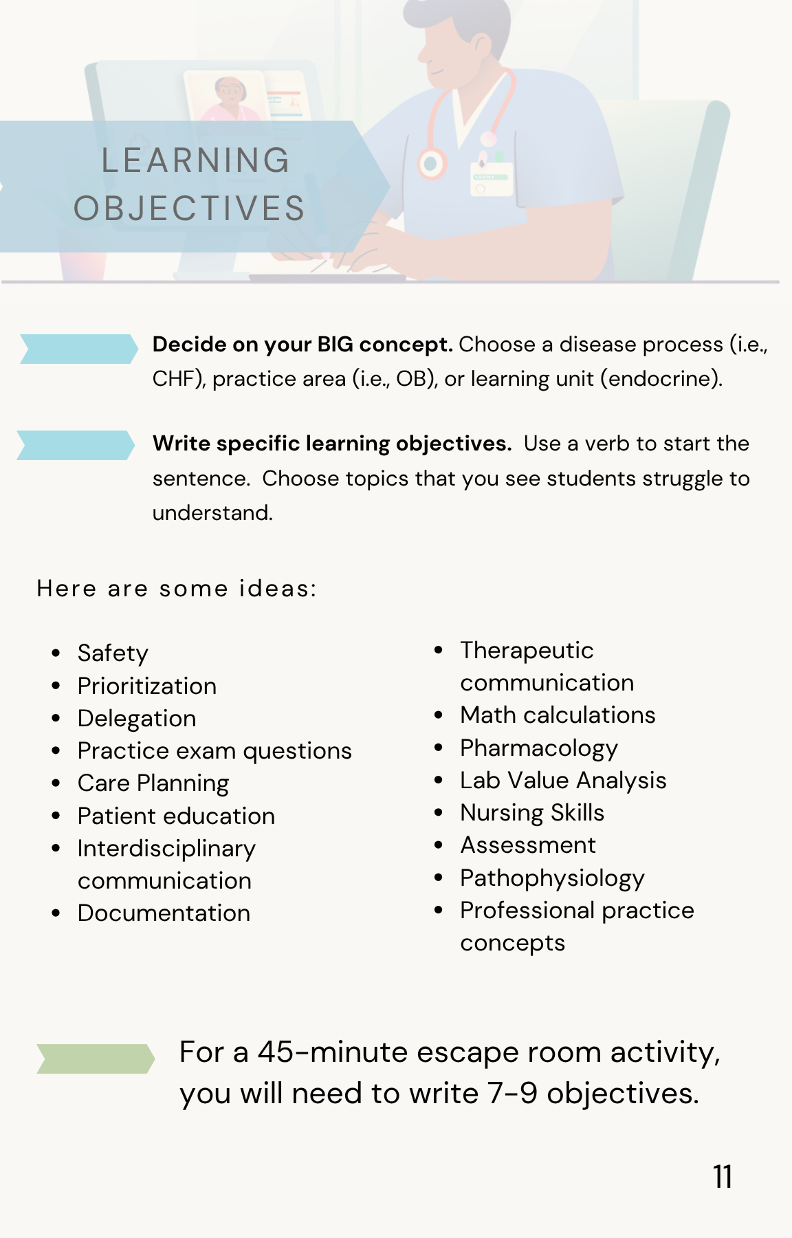 Sample workbook page for learning objectives