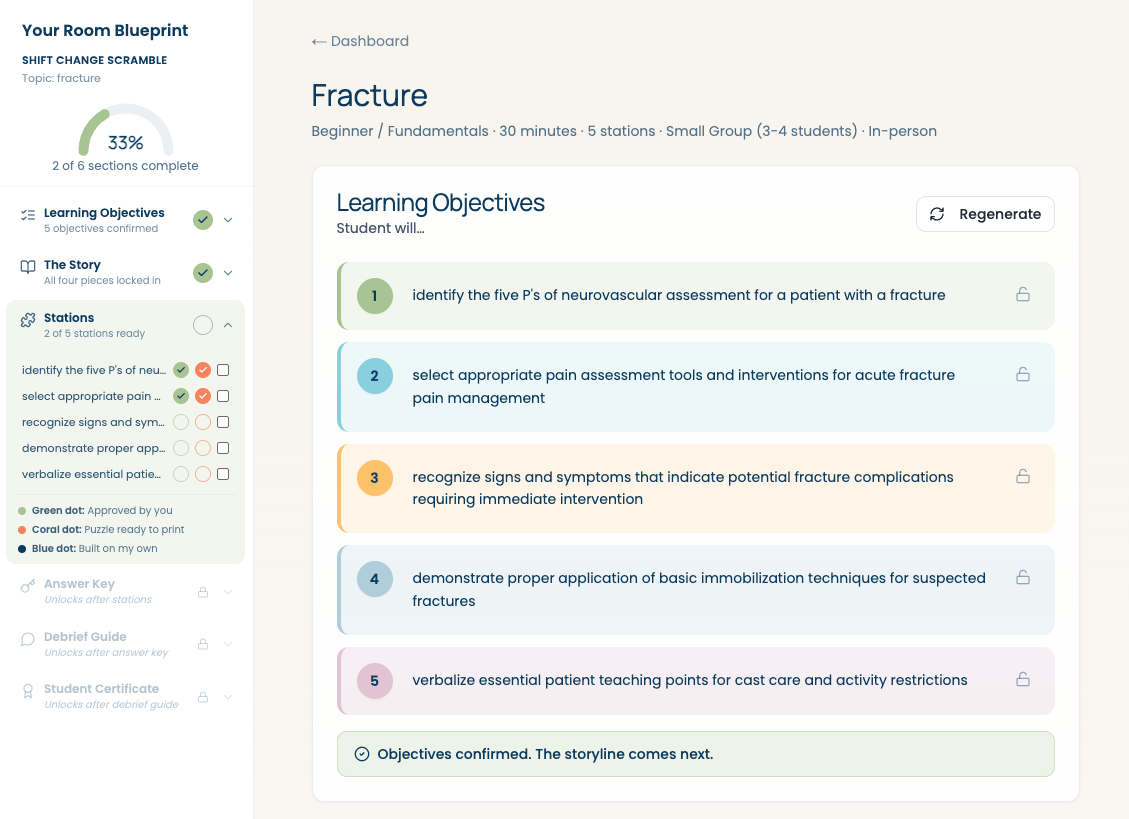 Your Room Blueprint — Learning Objectives screen showing the Escape Room Architect in action